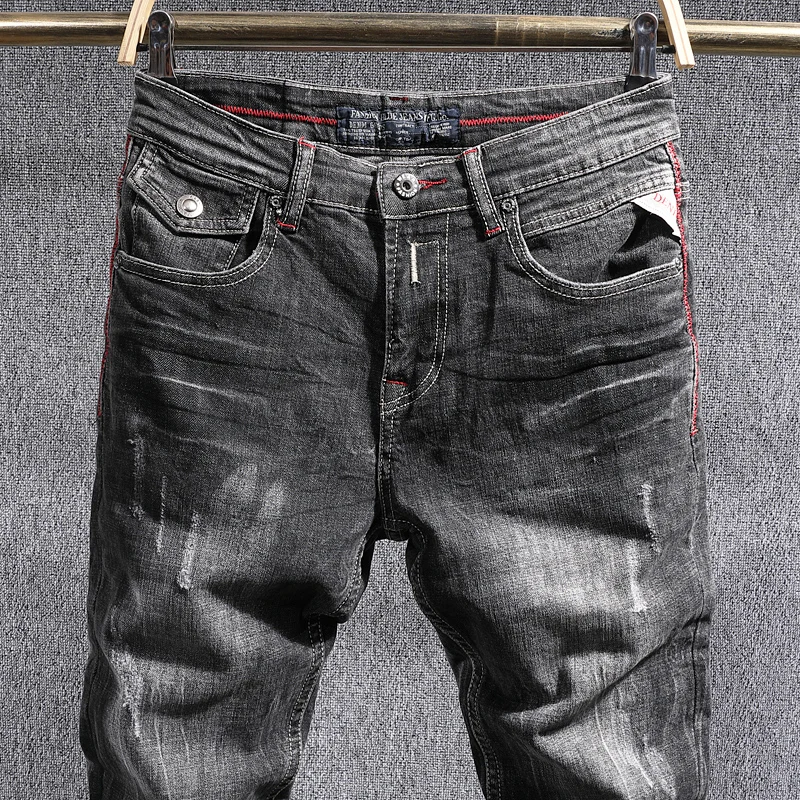 Italian Style Fashion Men Jeans Retro Black Gray Slim Fit Stretch Ripped Jeans Men Trousers Vintage Casual Denim Pants Hombre