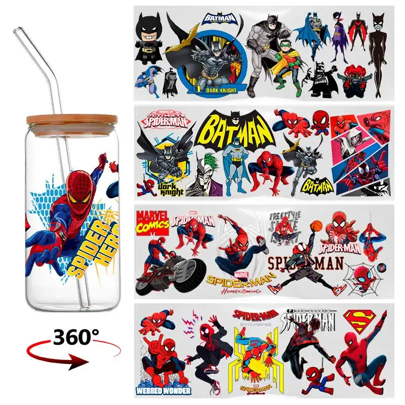 마블 시리즈 스파이더맨 16온스 DTF 컵 스티커, 멋진 맞춤형 UV 전사 스티커, 아이언맨 방수 스티커