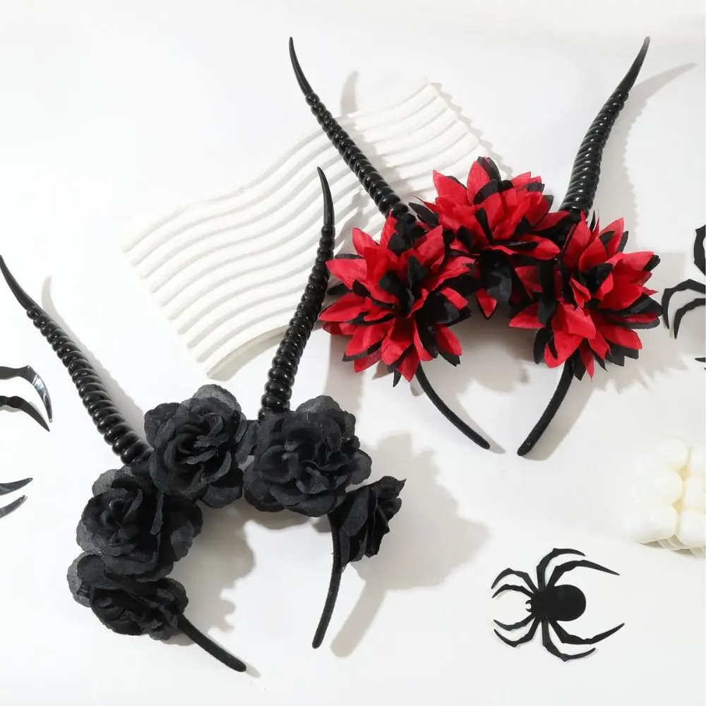 

Exaggerate Demon's Horn Headband Simulation Flowers Evil Queen Gothic Headpiece Festival Decorative Witch Hair Accessories