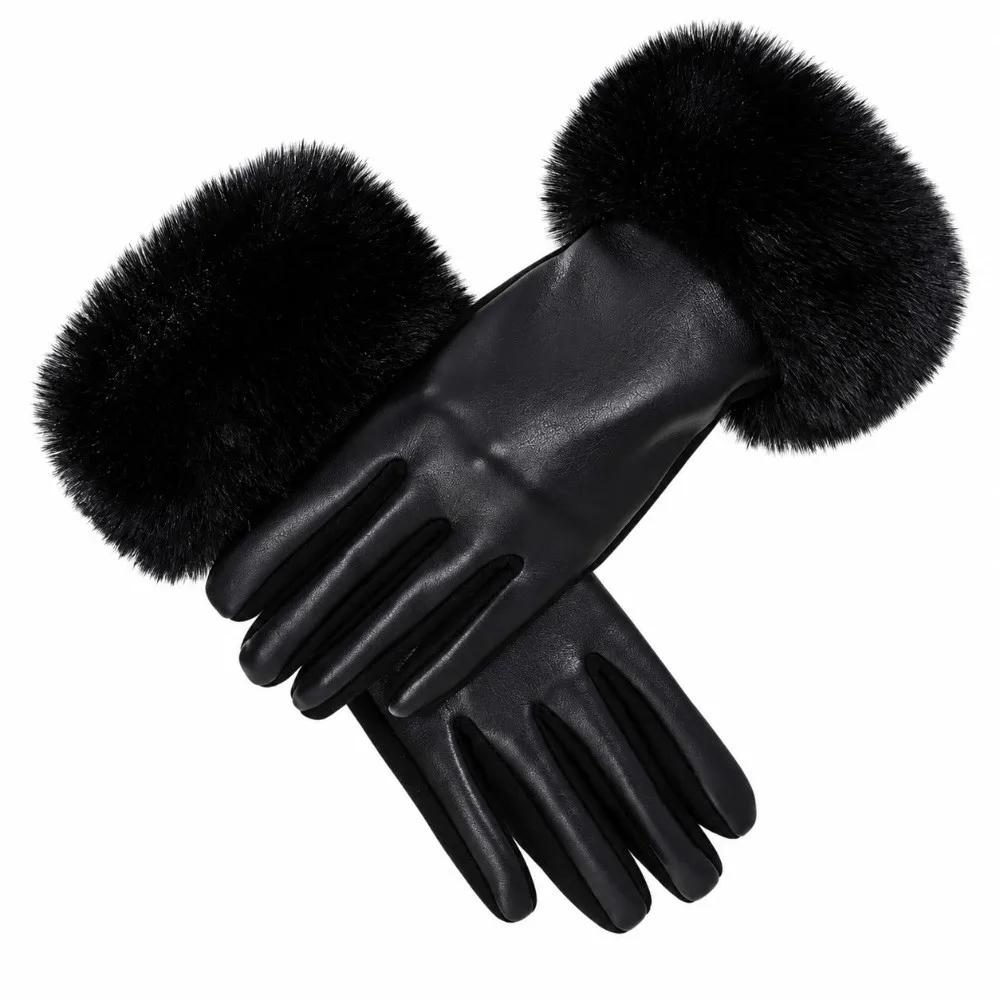 Fleece Lined Leather Gloves Anti-splash Water Fur Cuff Winter Mittens Longer Wrist Soft Texture Thermal Handwear Daily Wear