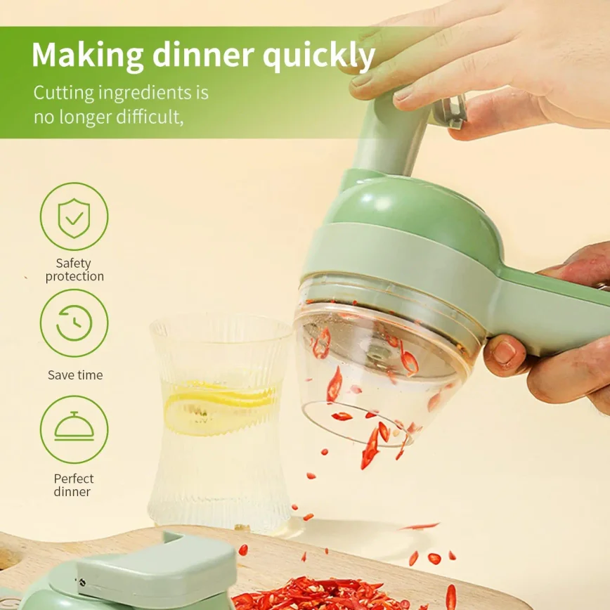 4 In 1 Vegetable Cutter Multifunctional Handheld Electric Wireless Chop Garlic Mash Minced Slice Onion Cutting Cooking Gadget 2