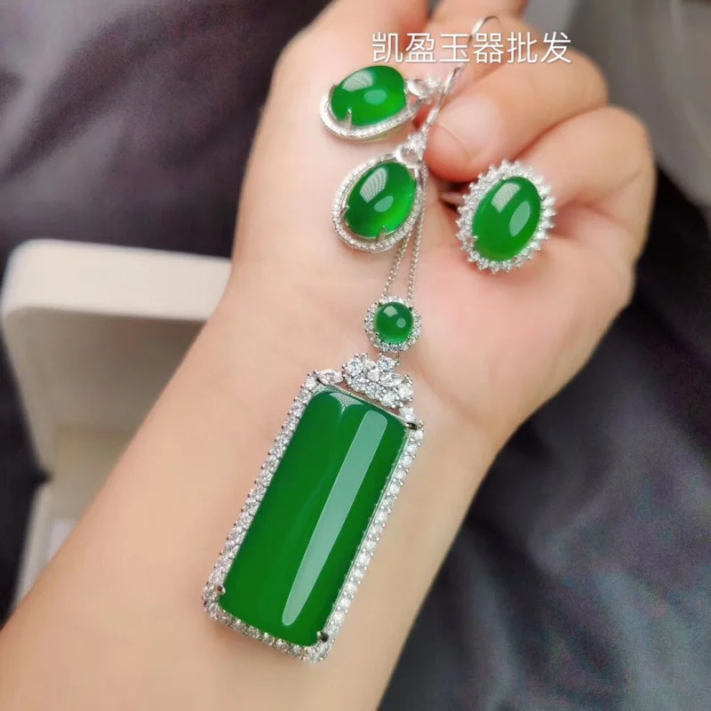 Silver-plated set with ice green chalcedony, including a agate ring, earrings, and jade pendant