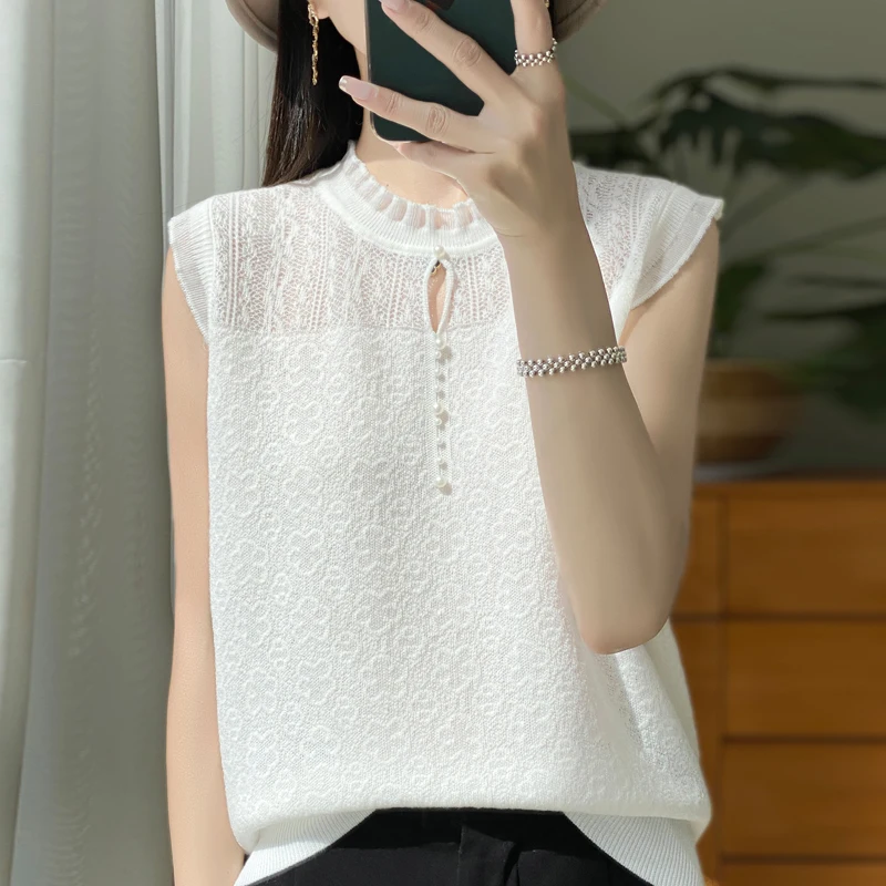 2024 New Ladies\' Worsted Wool Lace Flower Vest T-Shirt Summer Autumn Crew Neck Jacquard Jumper Short Sleeve Loose Fashion Knit