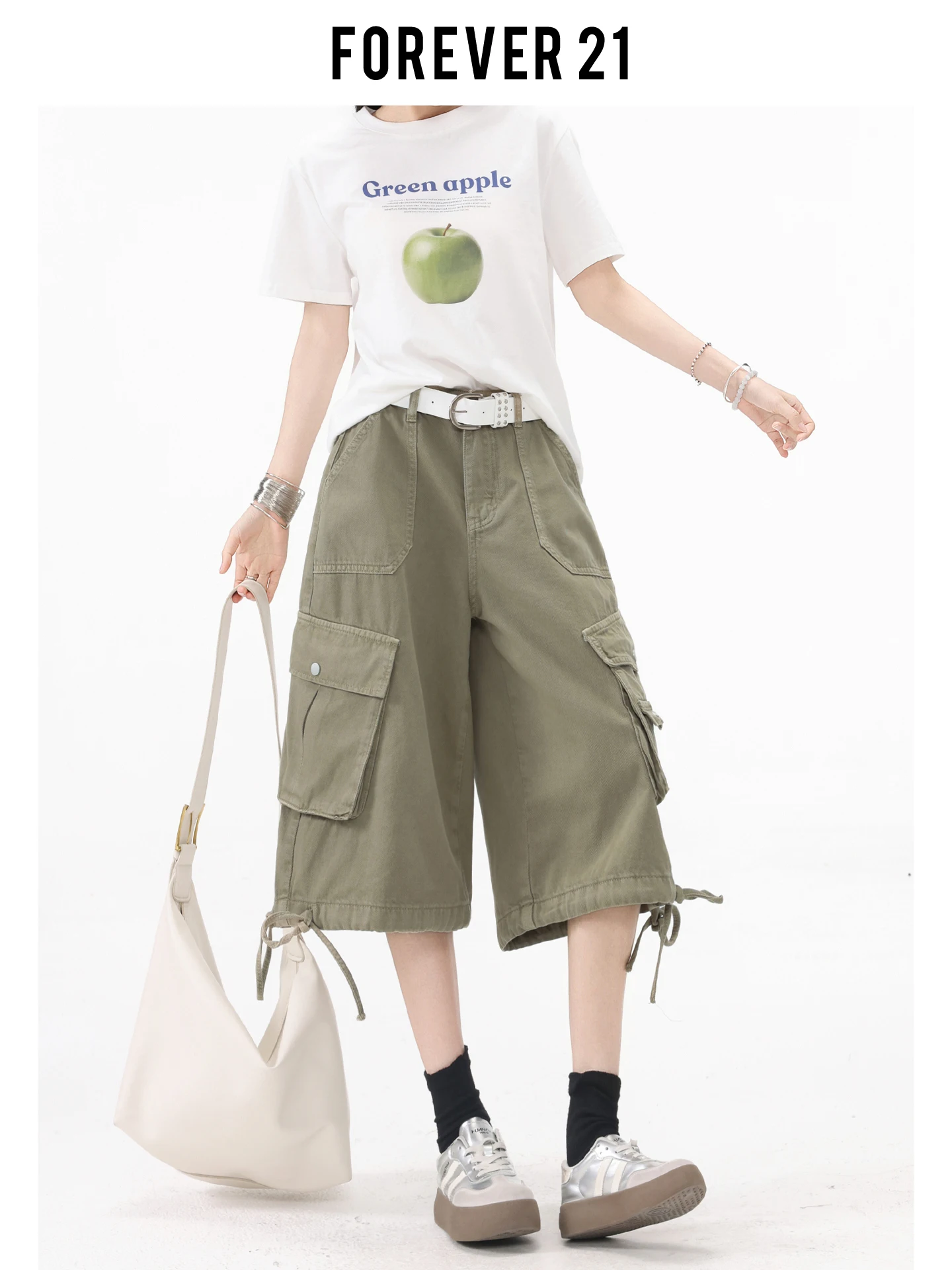 Jeans de pierna ancha con cordón y cintura alta para mujer, estilo militar, verde, para verano, Forever 21