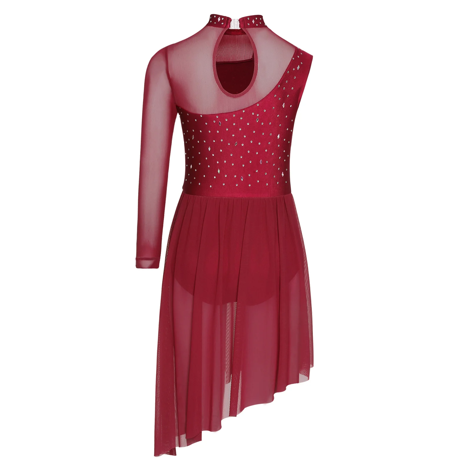 

Kids Girl Gymnastics Figure Skating Ballet Lyrical Dance Costume Dress Single Sleeve Sheer Mesh Ruched Rhinestones Leotard Dress