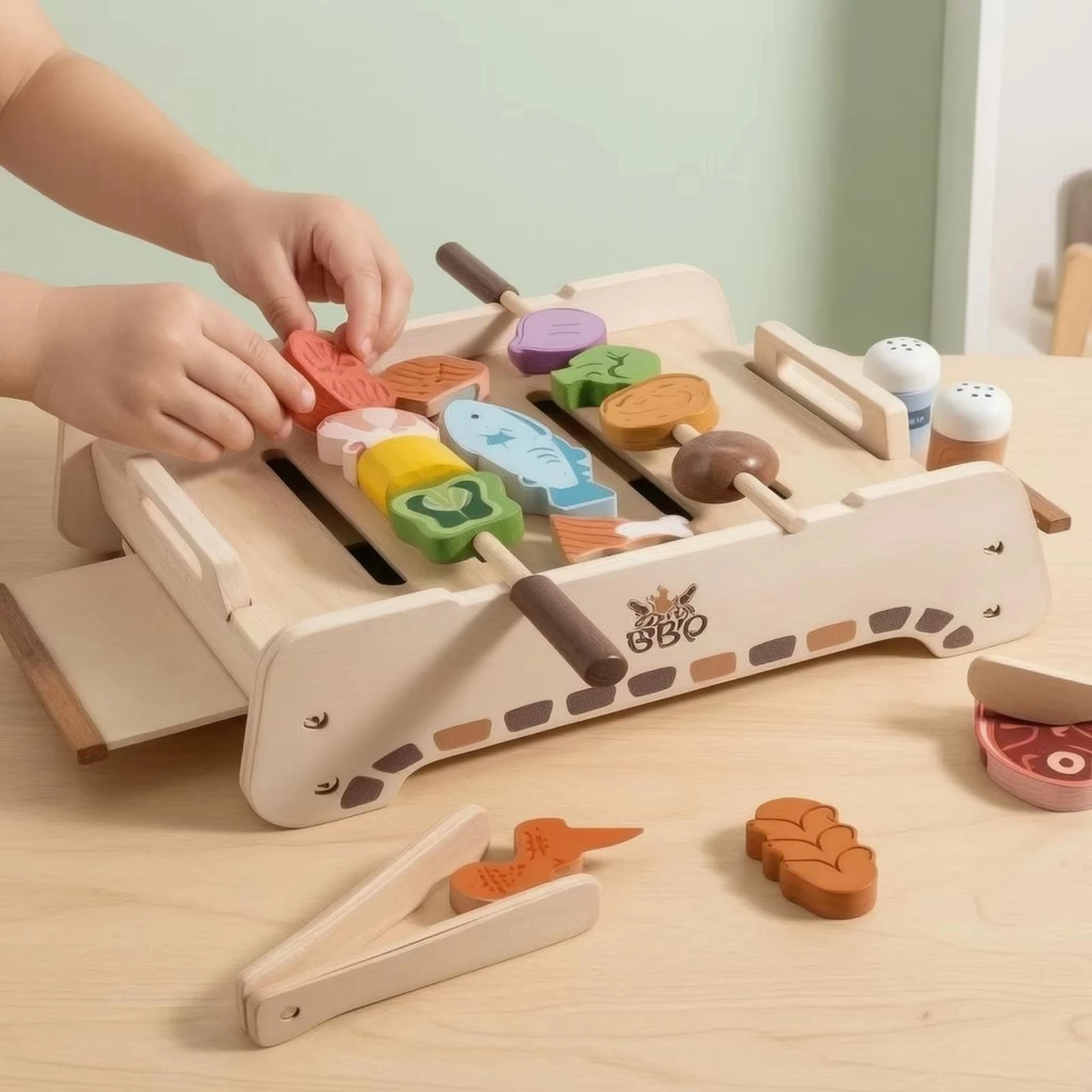Wooden Kids Barbecue Grill Kitchen Pretend Play Toys, Simulation Food for Kids' Cooking, Suitable for Boys and Girls