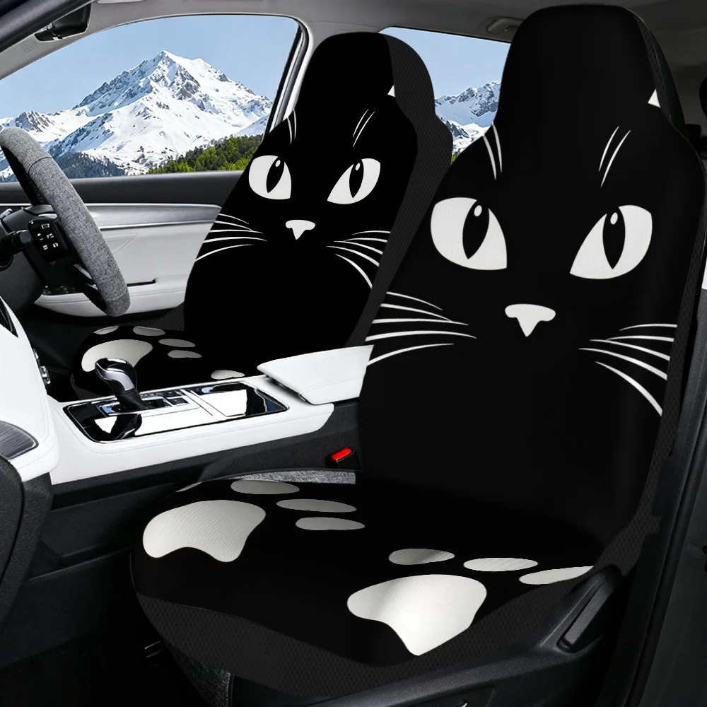 2pcs Black Cat Face Print Car Seat Covers Set - Stylish & Comfortable All-Season Vehicle Seat Covers With Paws Design, Durable P