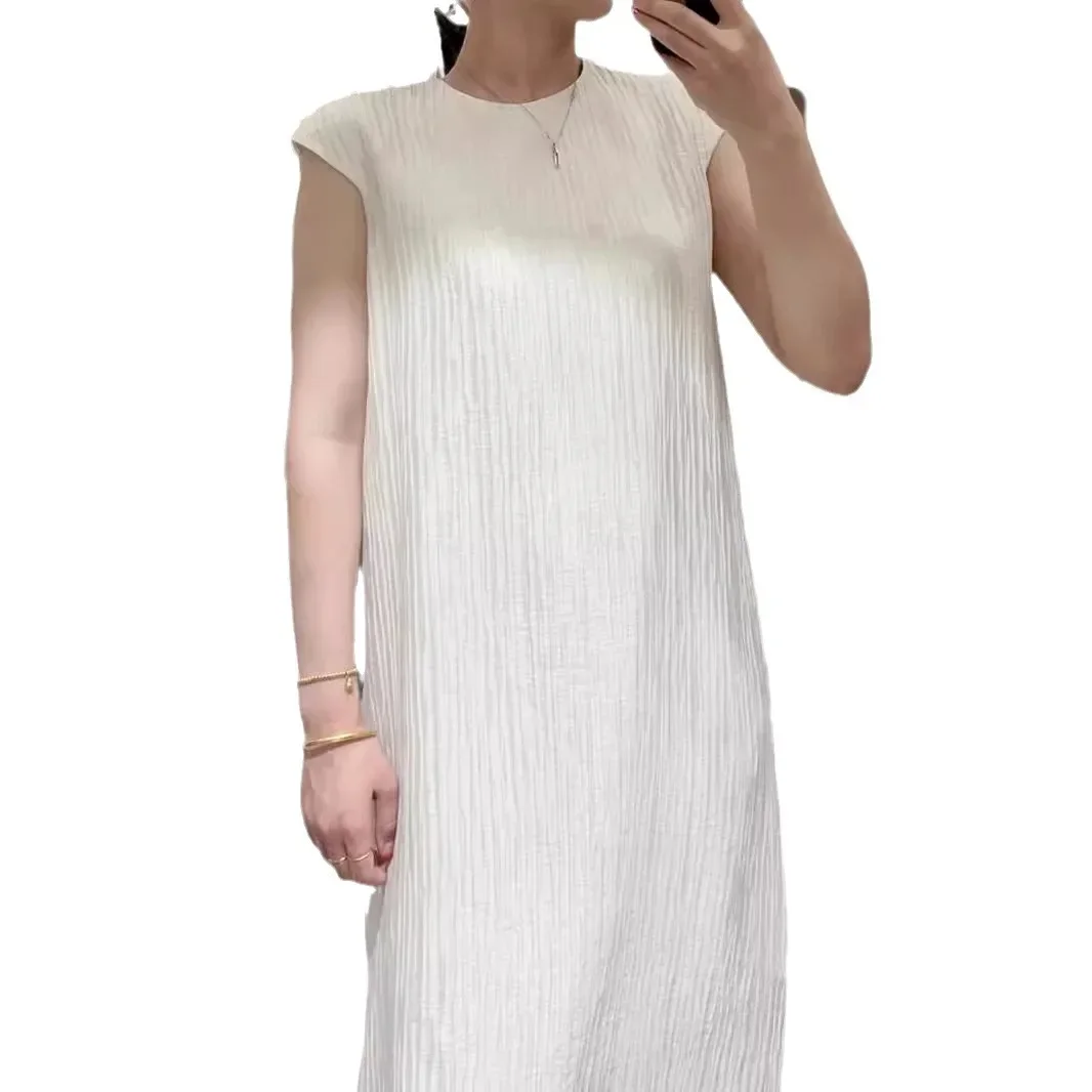 Vestidos femininos miyake plissado moda baggy plus size o-pescoço sem mangas vestido de dupla camada