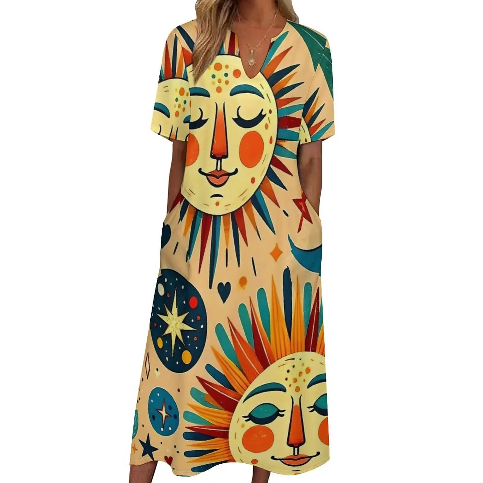 Suns  And Moons Celestial Print Dress Summer  Streetwear Boho Beach Long Dresses Womens Beach Maxi Dress Gift