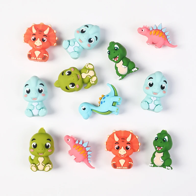 6pcs 3D Dinosaur Silicone Beads Loose Beads For Handmade Pacifiers Chain Beaded Pen Jewelry Making DIY Accessories