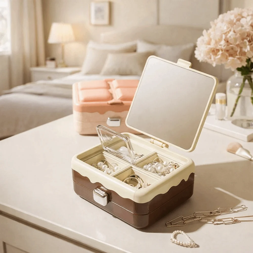 

2 шт. пластиковая двухслойная коробка для хранения мини-кремовой серии коробка для хранения ювелирных изделий с зеркалом изысканная коробка для сережек и ожерелий