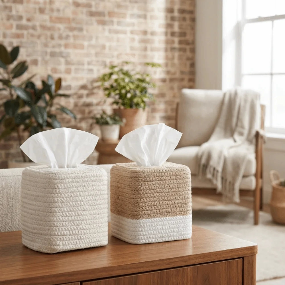 

Rustic Woven Tissue Box Cotton Thread Square Minimalist Tissue Box Hand-woven Decorative Napkin Storage Box Office