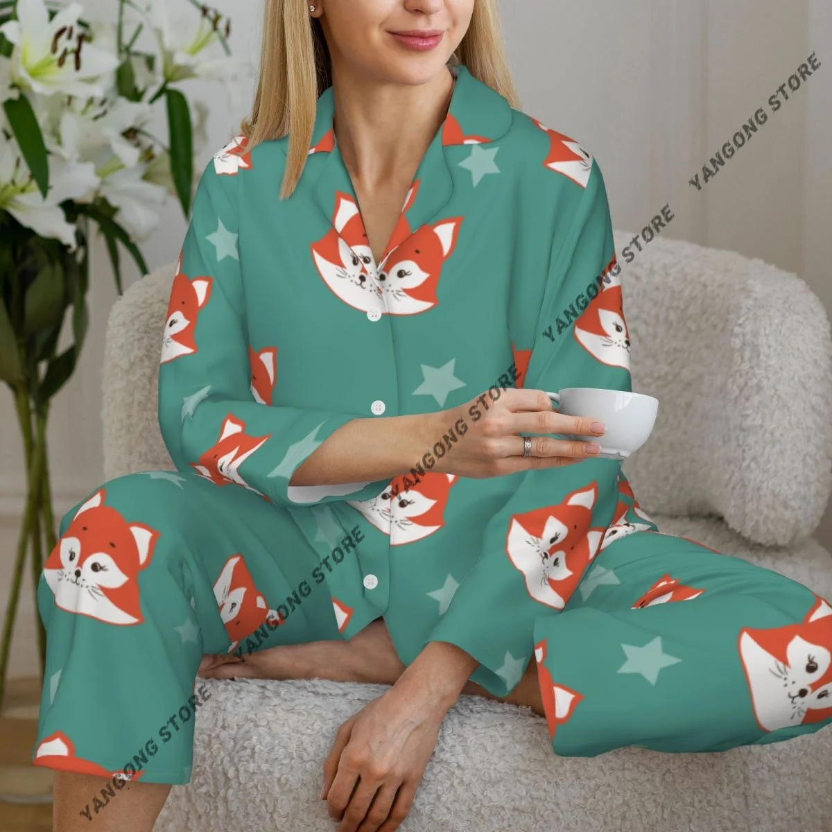 Women Sleepwear Pajamas Cute Fox Heads And Stars Long Sleeve Pijama Female Set Negligee Cardigan Suit