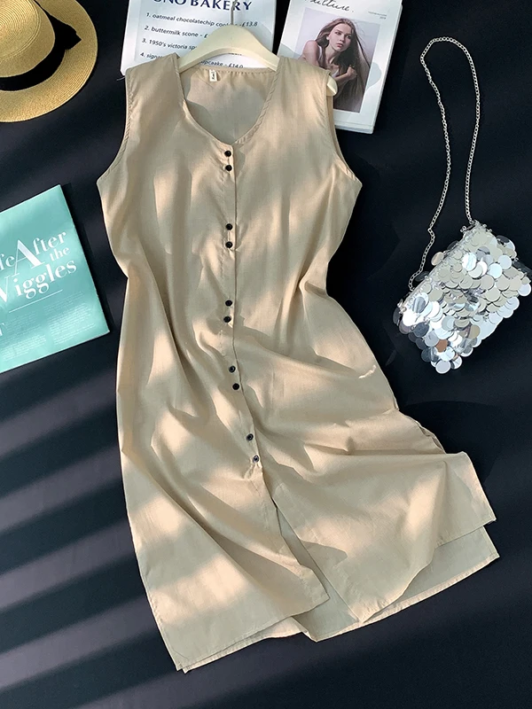 

Large Size Vest Dress Women Summer Artistic Design round Neck Retro Sleeveless Long Dress Skin-friendly Breathable A-line Skirt