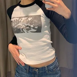 Women T-Shirt Y2k Crop Top Long Sleeve Slim Print Grunge Blusas Vintage Women Fashion Gothic Graphic Streetwear Splicing T-shirt