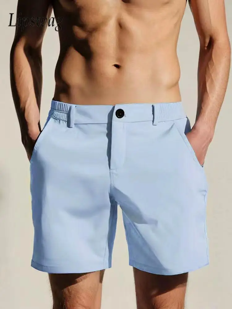 กางเกงขาสั้นผู้ชายทรงตรง สไตล์เรียบง่าย สีพื้น ผ้าเนื้อยืด ใส่สบาย เหมาะสำหรับใส่ในชีวิตประจำวัน ฤดูใบไม้ผลิ ฤดูร้อน