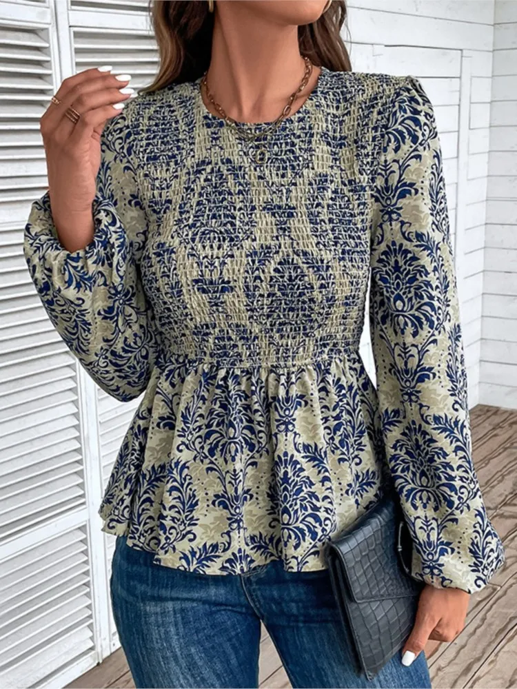 

Autumn Women's Clothing Slim Long Sleeve Printed Shirt All-match Simple Style Pullover Temperament Casual Tops Commuting Trendy