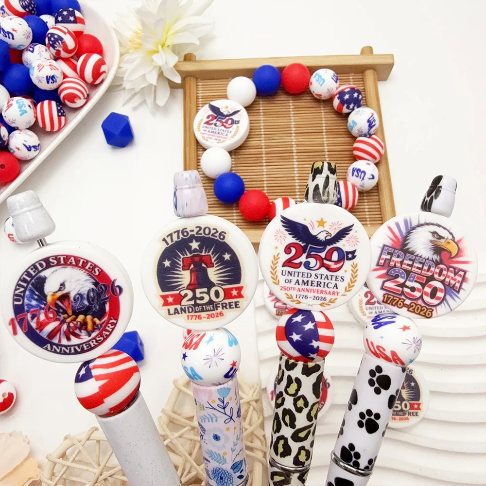25/47Pcs Independence Day 250Th Anniversary Themed Silicone Bead Set DIY Beaded Necklace Bracelet Decoration Pen Jewelry Pendant Etc. Holiday Birthday Gift