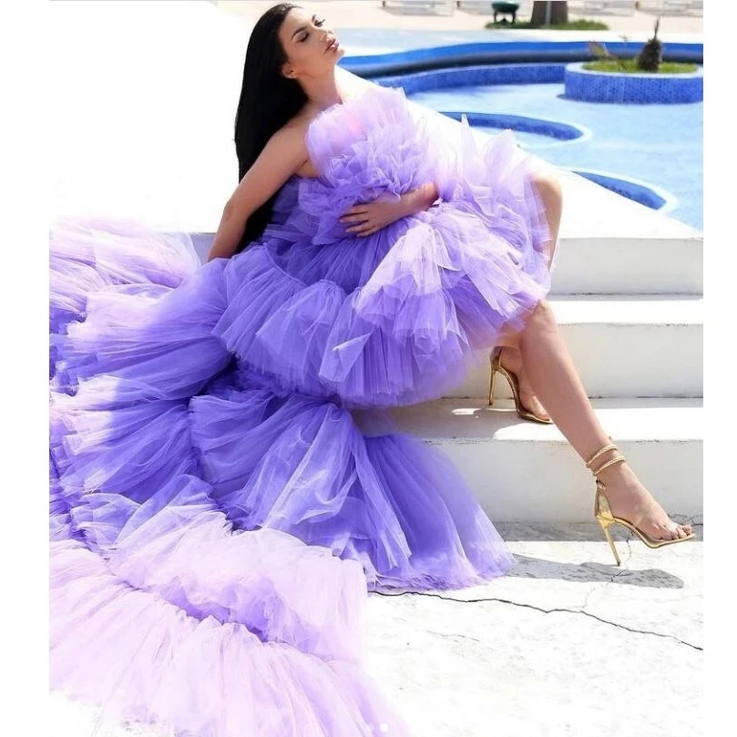 

Purple Tulle Prom Dress with Ruffle Edge Party Birthday Dress Detachable Hem Bridesmaid Dress Plus Size Evening Dress customize