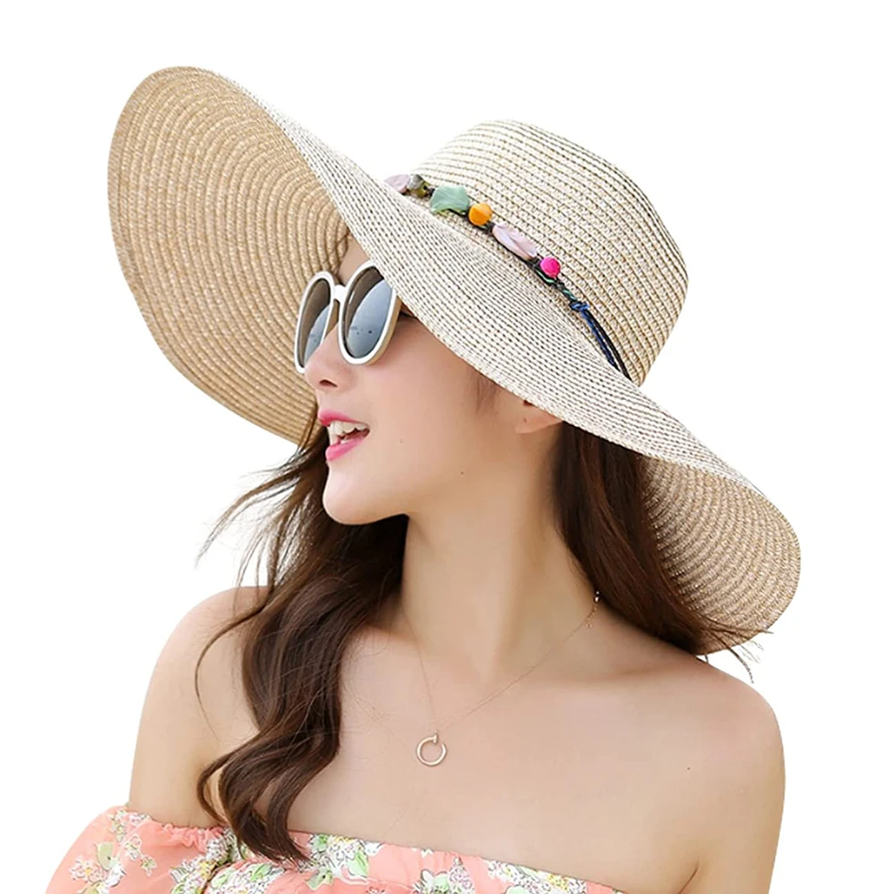 Women Summer Beach Travel Straw Hat Wide-brimmed Seaside Sunscreen Cap Holiday Foldable Fashion Big Cool Hat Elegant Floppy