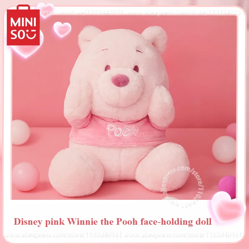 

MINISO Disney Series Pink Winnie The Pooh Face-holding Doll Kawaii Furry Toy Children's Birthday Gift Cute Peripherals Pillow