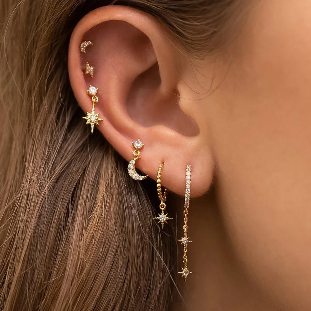 3 szt. Cyrkon kwiat gwiazda Hoop zestaw kolczyków dla kobiet prosty łańcuszek z cyrkonią ze stali nierdzewnej wisiorek Huggies moda biżuteria aretes