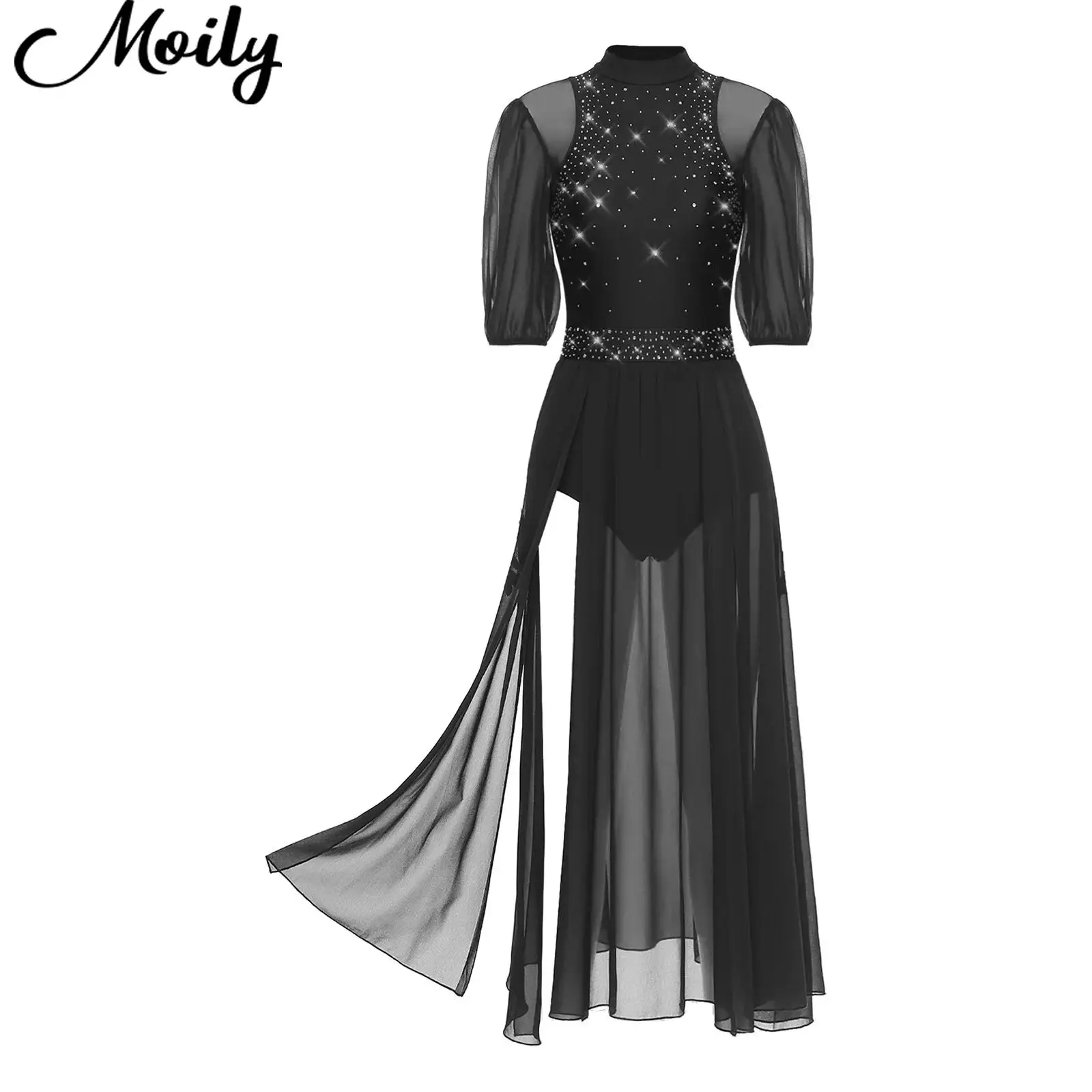 

Women Adult Lyrical Latin Dance Maxi Dress Half Sleeve Fashion Rhinestone Mesh Leotard Ballet Contemporary Performance Dancewear
