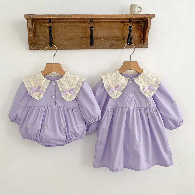 

‌Spring 2025 Girls Embroidered Long Sleeve Dress & Baby Romper Matching Sister Outfits Twin Clothes for Toddler 1-8 Years