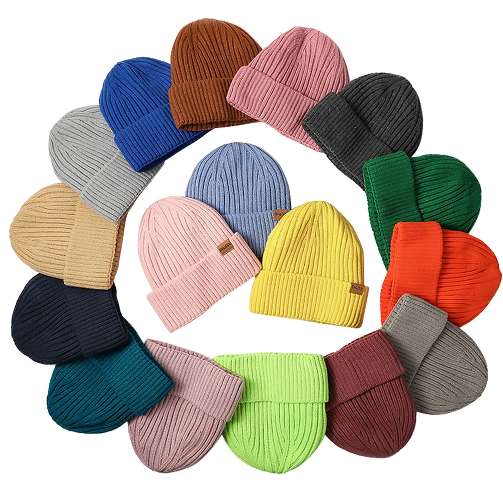 

Women Autumn Winter Fleece Lining Beanies Men's Knitted Skullcap Unisex Keep Warm Woolen Yarn Cap Candy Color Dome Hats