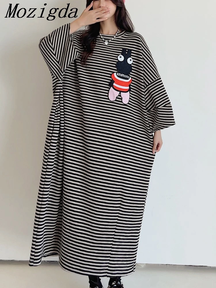 Robe t-shirt surdimensionnée pour femmes, vêtements coréens, rayés, mi-longue, ample, imprimé, pull, robes pour dames, été