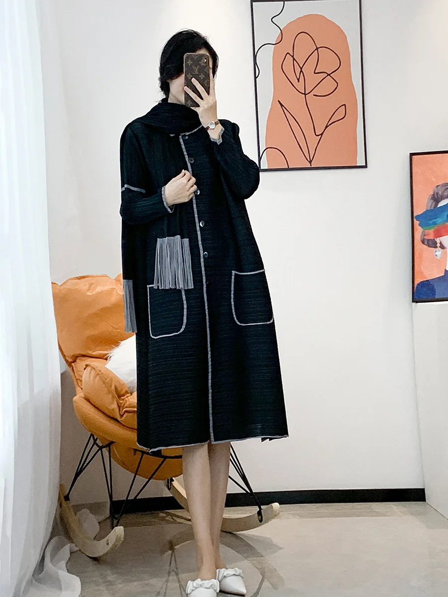 Miyake Pleated Dress With Tassels Scarf Autumn Winter Color Matching Fashion French Style Dresses Women Plus Size Coats