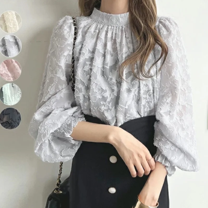 

Chiffon Lace T-Shirt For 2025Women Puff Sleeve Half-High Neck Tops Thin Style Sun Protection Loose Fit Base Top Versatile
