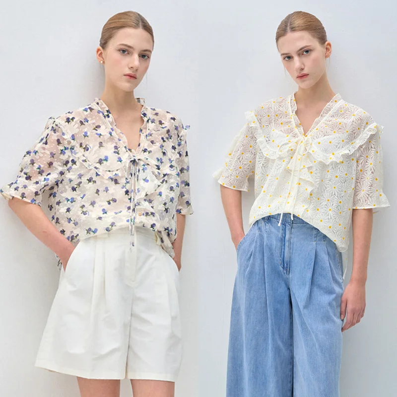 

French Sle Floral Print irt Women's Summer Fren Belted V-Ne ort Sve Cotton Blend Button Front Dr irt
