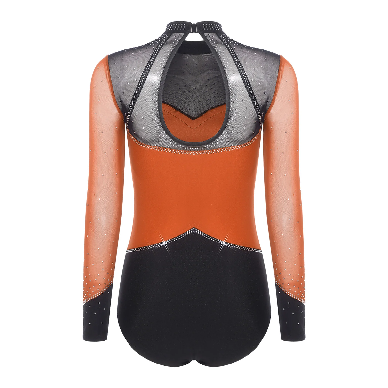 Vrouwen Strass Ritmische Maillots Gymnastiek Bodysuit Sheer Mesh Lange Mouw Kruis Knoppen Jumpsuit Kunstschaatsen Dancewear