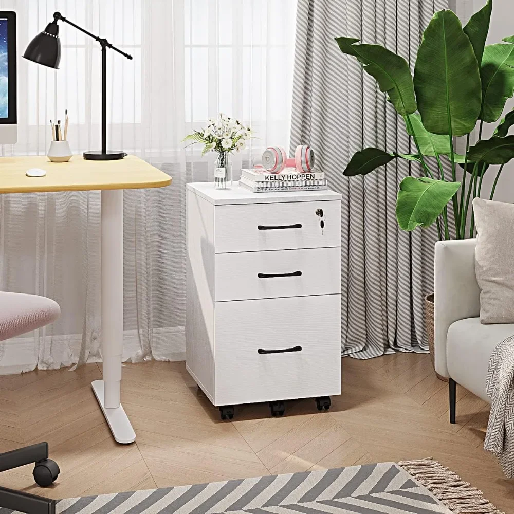 3 Drawer Wood Mobile File Cabinet, Under Desk Storage Drawers Small File Cabinet for Home Office (White)