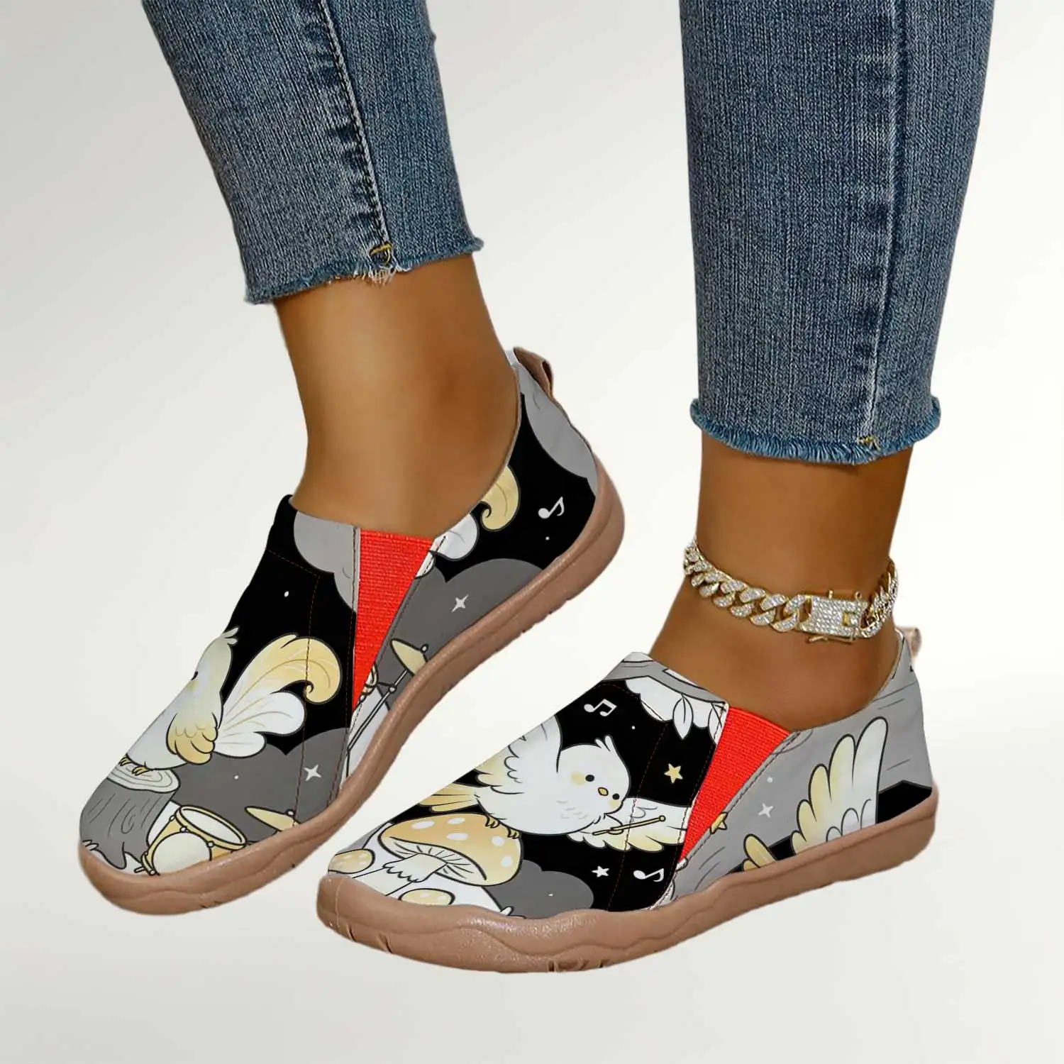 Women's Cute White Bird-Print Slip-On Shoes, Wide-Toe Comfortable Walking Shoes, Lightweight Breathable Canvas Loafers, College-Style Daily Casual Shoes for Wide-Footed Women - view 3