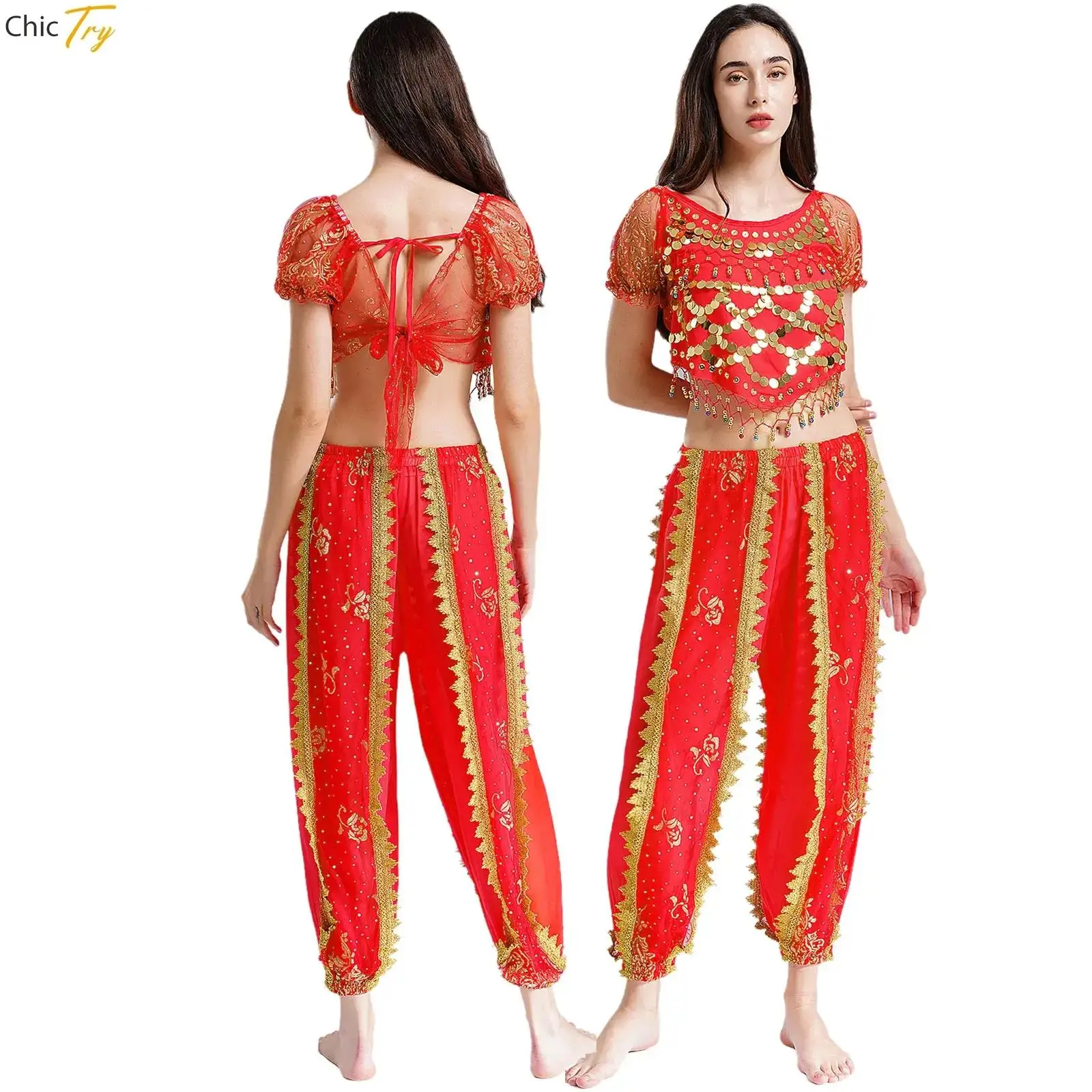 Indien Bollywood Kostüm Bauchtanz Anzug für Mädchen Frauen Chiffon Harem Bloomers Hosen Halloween Performance Bauchtanz Outfit