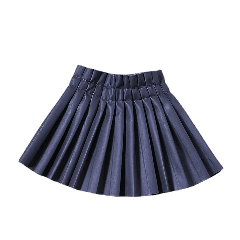 2-14Y Pleated PU Leather Skirt For Girls Fashion Solid Pink Mini Skirt Student Summer Elastic Waist Korean Girls Faldas 2022