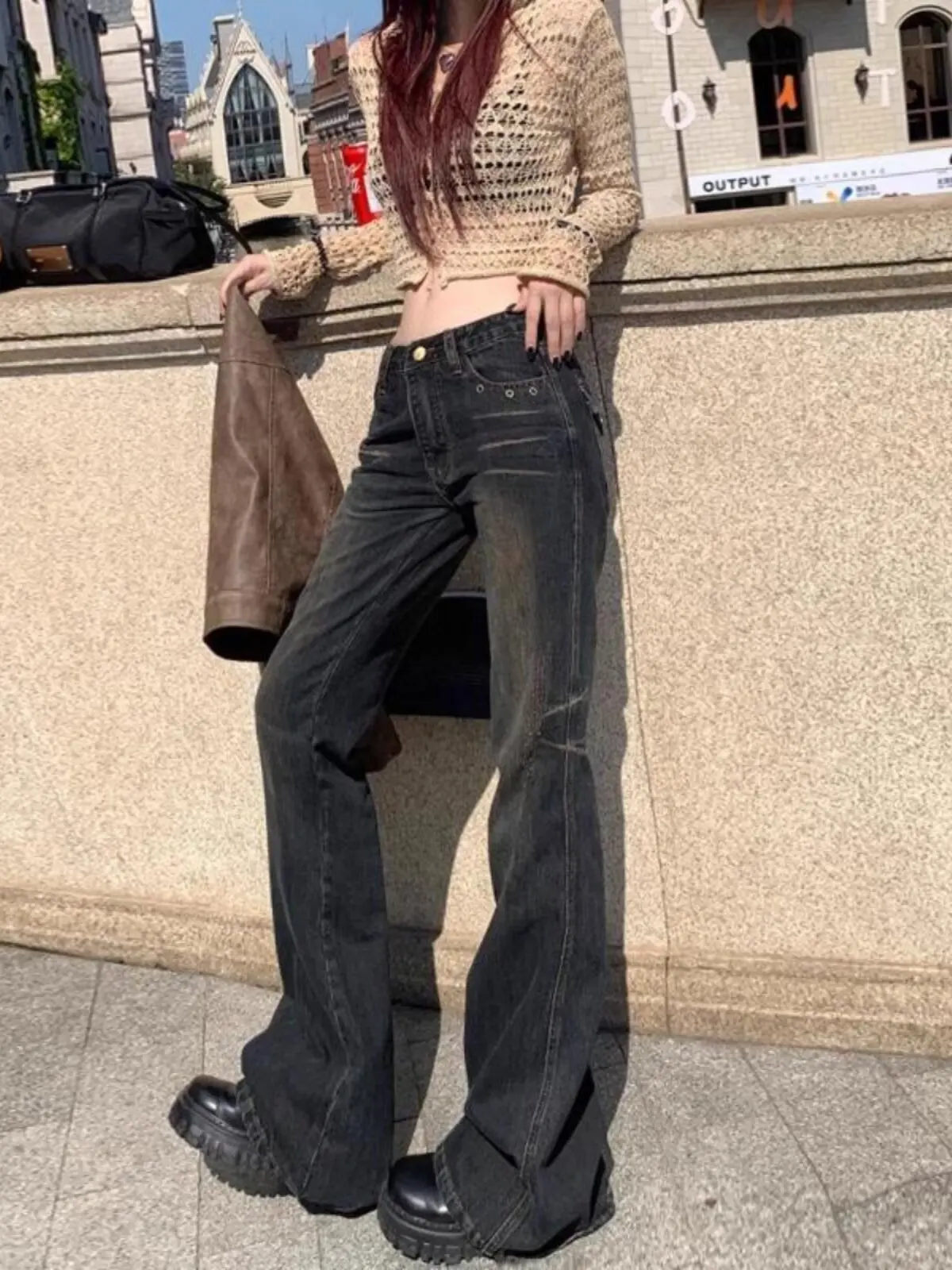Women Vintage Blue Low Rise Flared Jeans Denim Pants American Retro Slim 90s Bell Bottom Y2k Harajuku Kpop Trousers