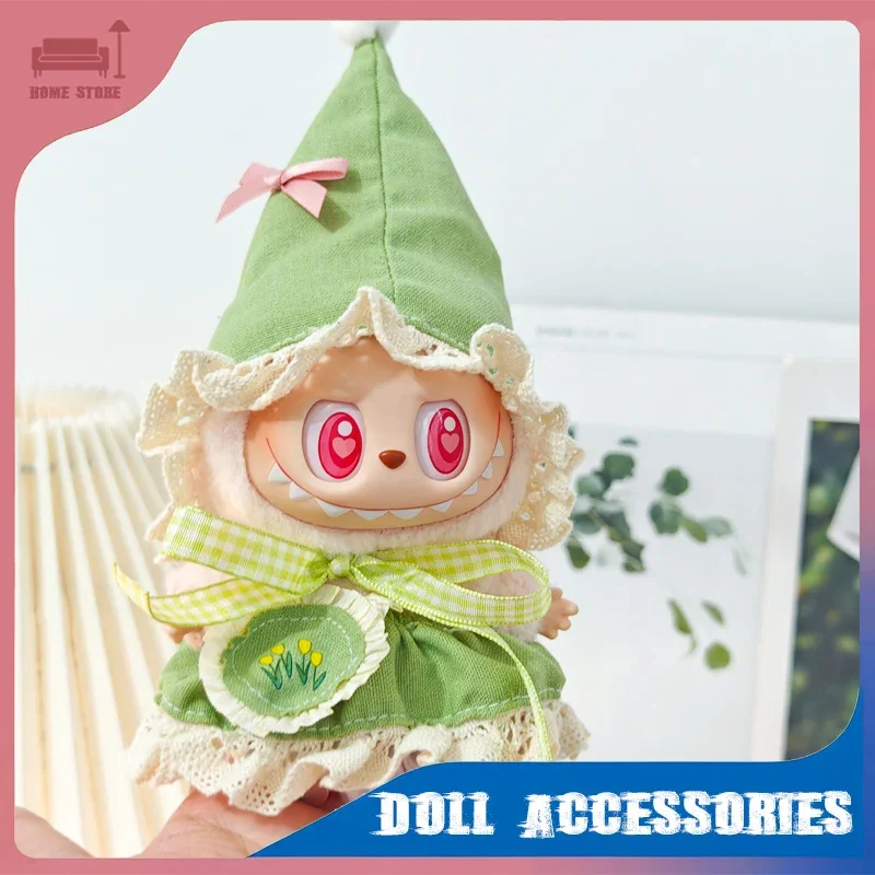 

17 см кукла Лабу, наряд эльфа, рождественский комплект головных уборов, розовый, зеленый костюм, Labubu I II Idol, мини-милые аксессуары для кукол, декор для вечеринки