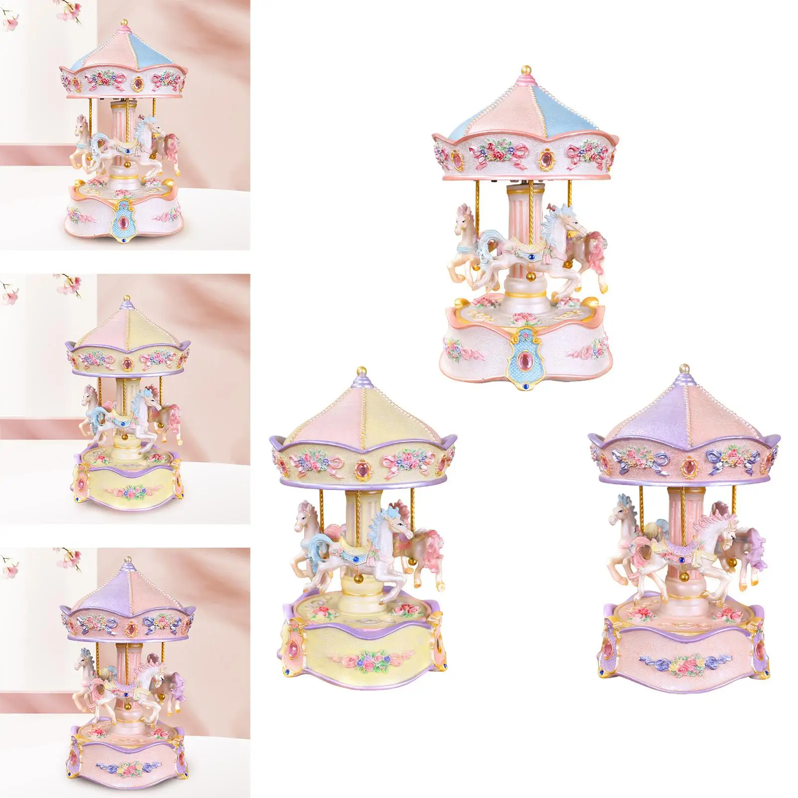 Musical Carousel Music Box Lovely Tabletop Resin Crafted Wind up Horse Musical Box Decor Rotation Crafts Birthday Present