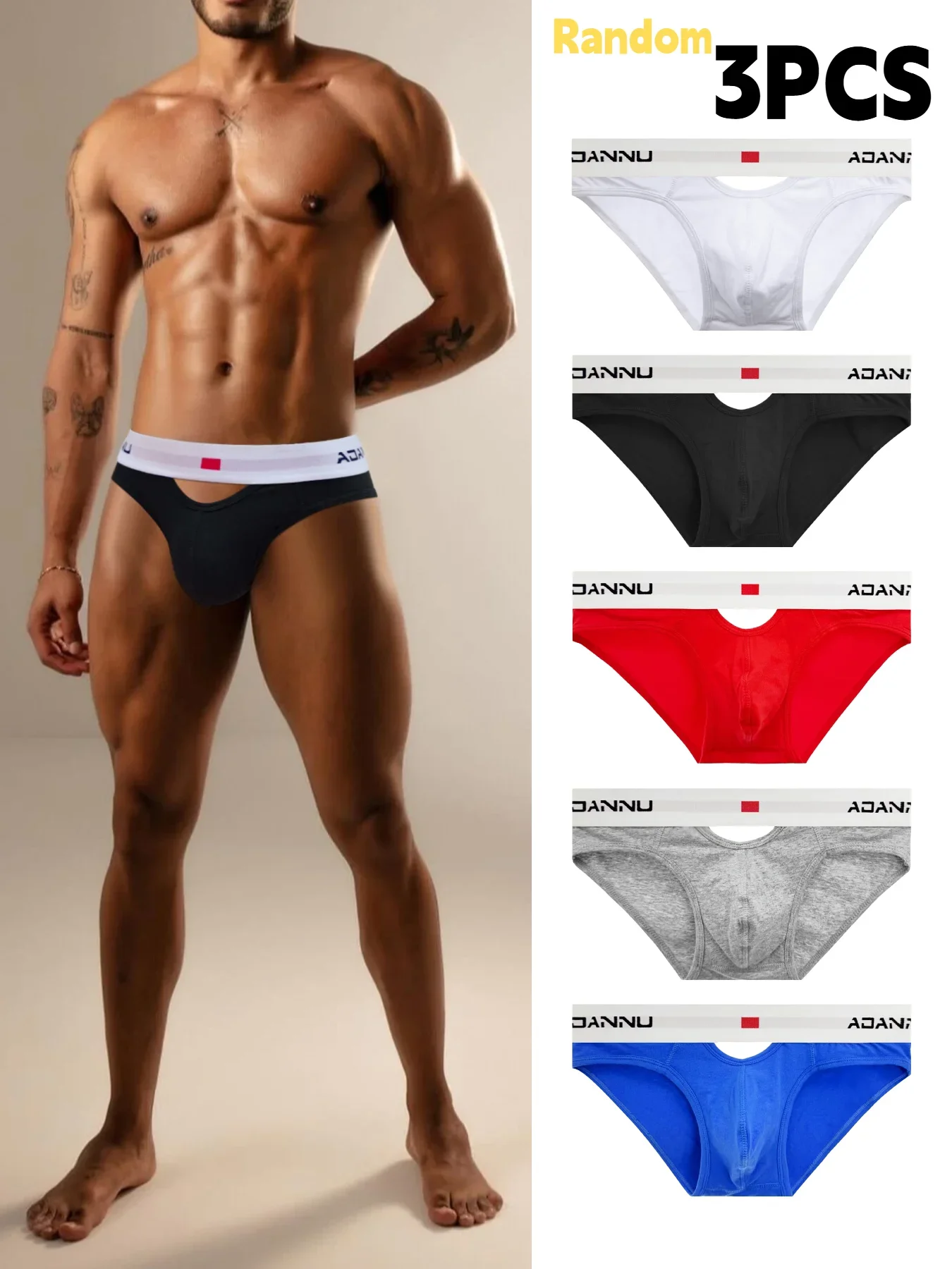 

Random3PCS Men's Cotton Boxer Briefs Low-Rise Openwork Design Solid Color Minimalist Snug-Fit Sports Underwear Trendy Breathable