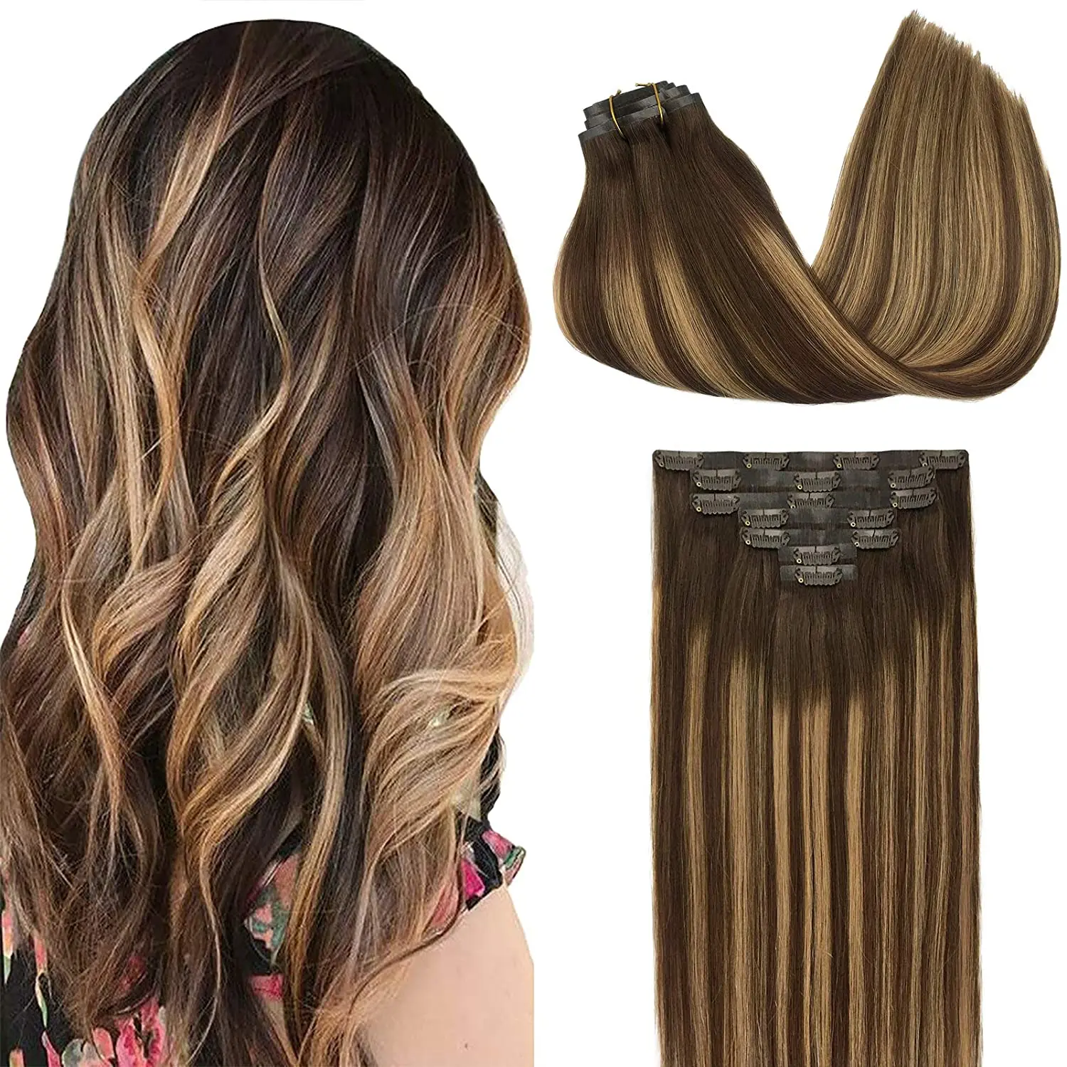 

7Pcs Clip-In Human Hair Extensions Kit 20 Inch Seamless Volume Tangle Free Instant Length No Damage Application