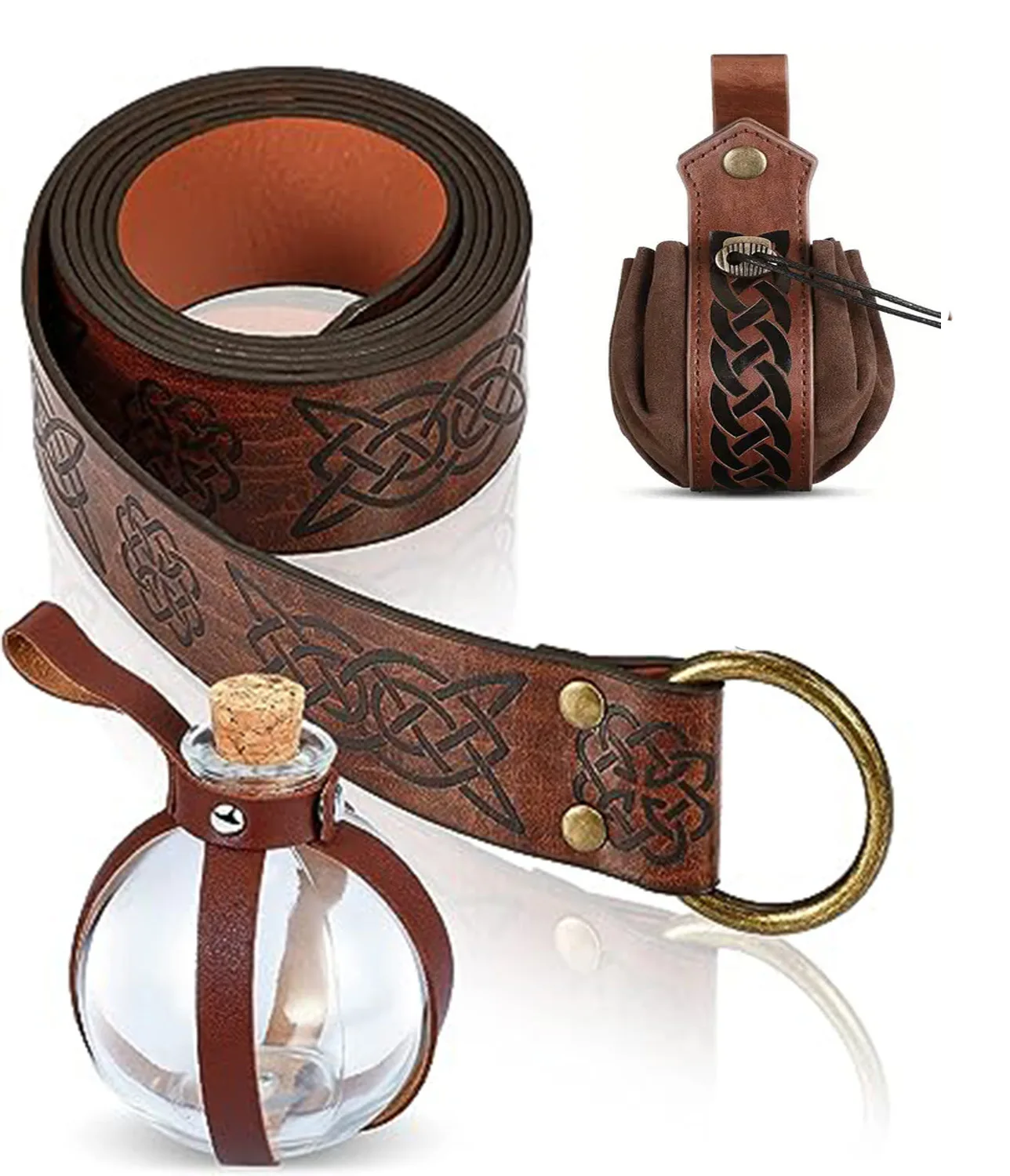 Woven money bag 1 +165cm brown printed belt 1 + Magic bottle , medieval knight belt set