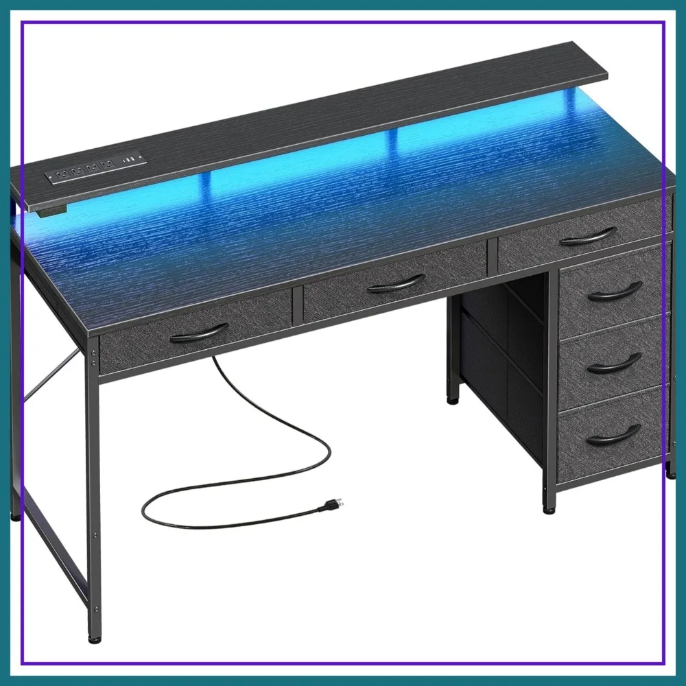 

Gaming Desk with 6 Drawers, 47 Inch Computer Desk with LED Lights, Power Outlets & Type-C, Office Desk with Monitor Stand, Black