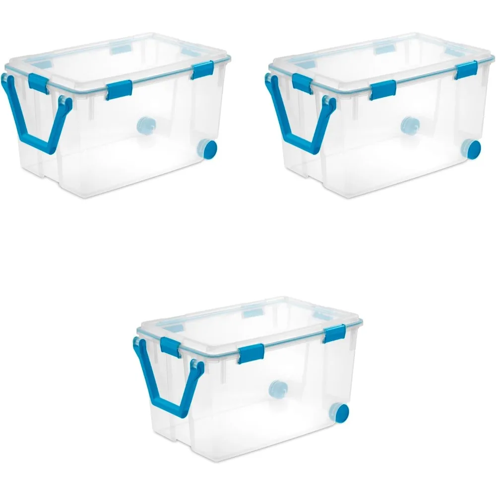 

120 Qt Wheeled Gasket Box, Stackable Storage Bin with Latching Lid, Handle and Tight Seal, Plastic Container with Clear Base an