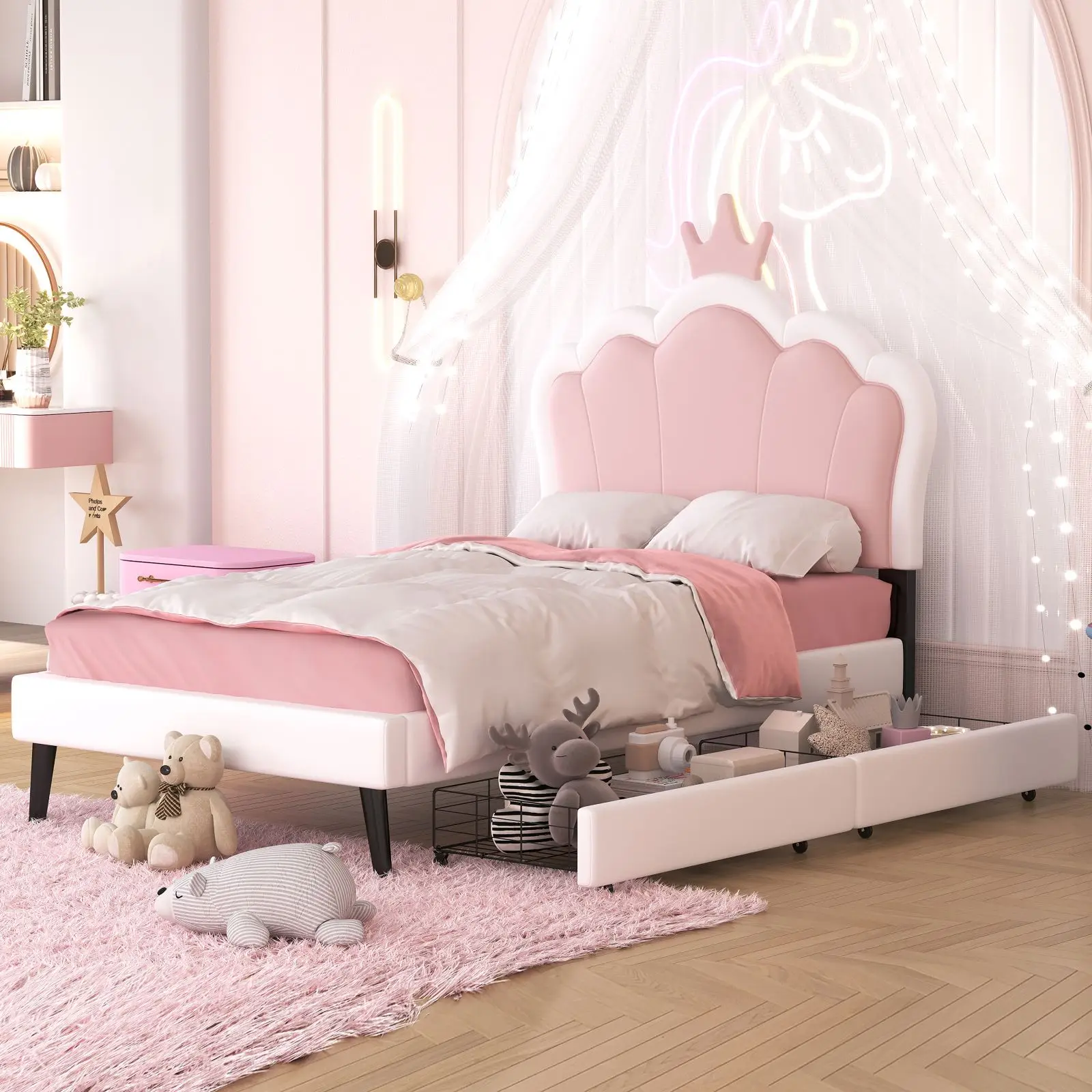 Twin Size Upholstered Princess Bed With Crown Headboard and 2 Drawers,Twin Size Platform Bed with Headboard and Footboard, Pink+