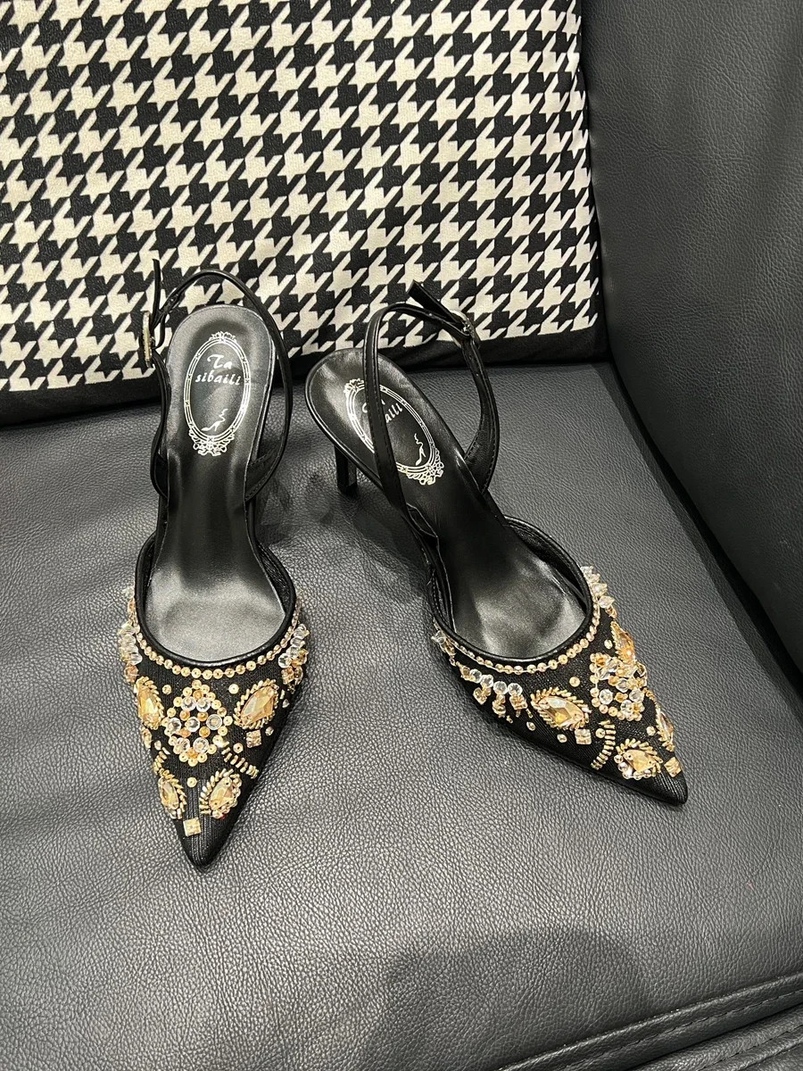 New Summer Celebrity High Heels, French Slim Heels, Pointed Head, One line Water Diamond, Sexy Baotou Sandals, Women's Shoes