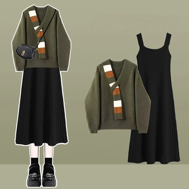 

Women Autumn Winter Chic Green Sweater Tank Dress 1 or Two-Piece Set Lady Fashion Stripe Tie Knitted Top Sleeveless Dresses Suit