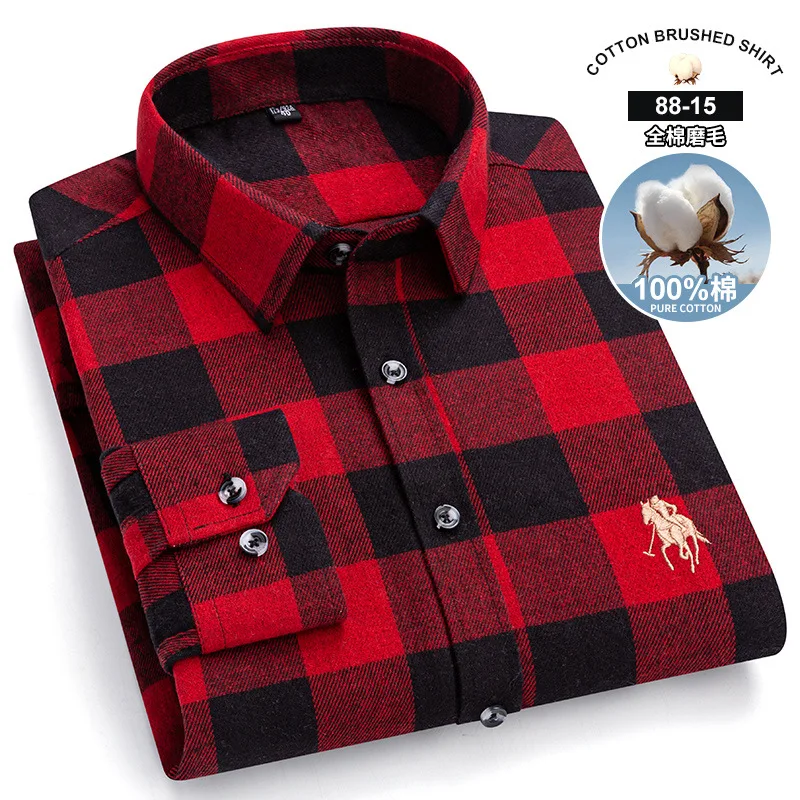 6XL new men\'s long-sleeved shirt Spring summer 100% cotton high quality fashion plaid stripes free iron plus size breathable